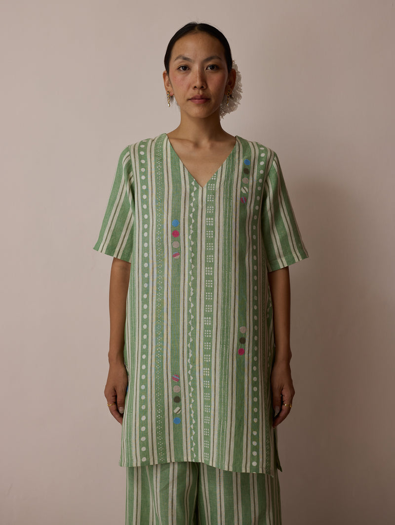 Selle Linen Stripe Applique Kurta-Fern linen tunics/kaftan by Manan in green for women Worldwide