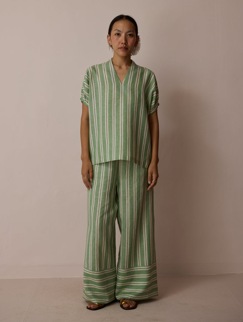 Anne V-Neck Stripe Linen Top-Fern linen top/shirt by Manan in green for women Worldwide