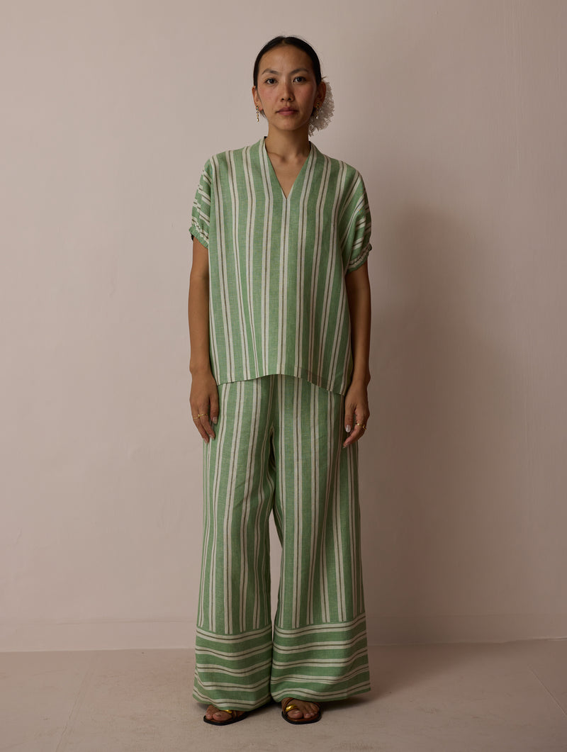 Anne V-Neck Stripe Linen Co-ord-Fern linen co-ord set by Manan in green for women Worldwide