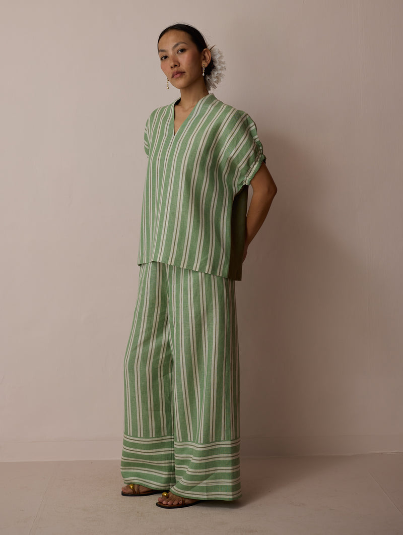 Anne V-Neck Stripe Linen Co-ord-Fern linen co-ord set by Manan in green for women Worldwide