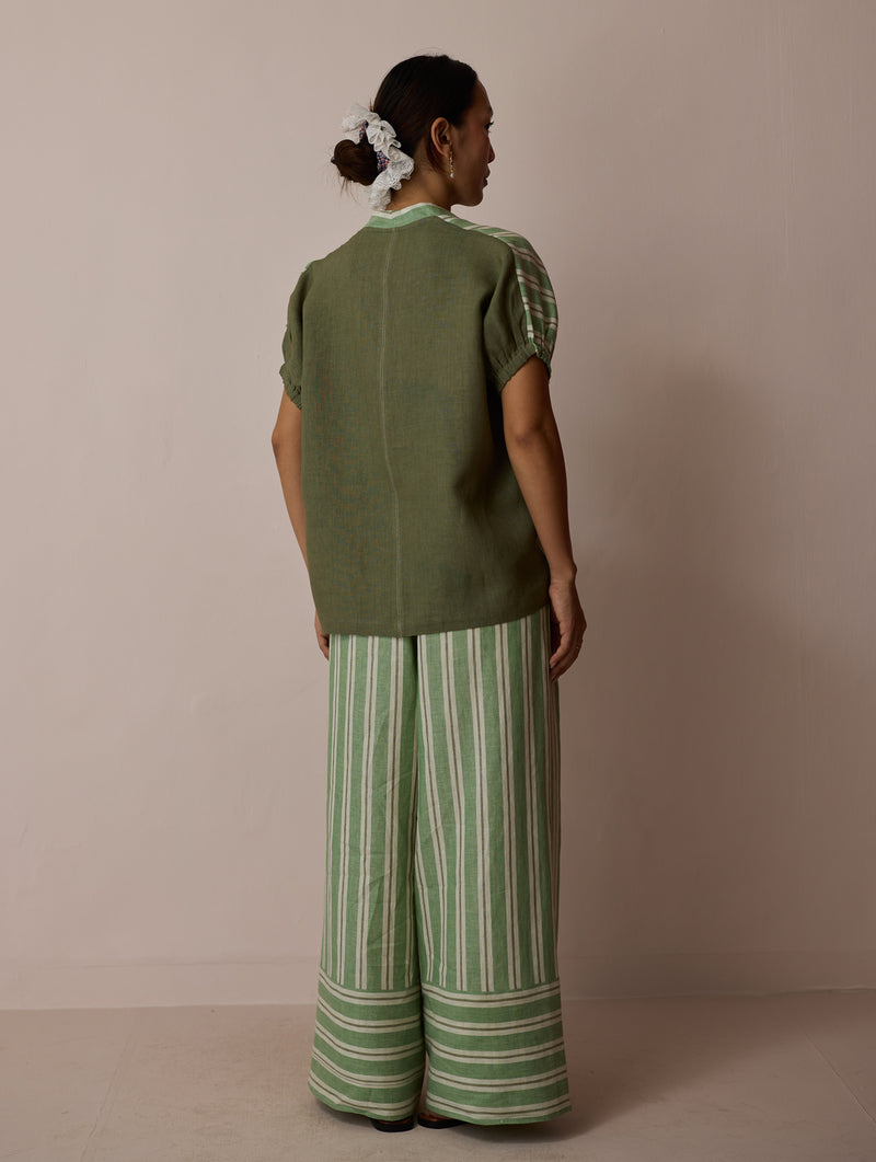 Anne V-Neck Stripe Linen Co-ord-Fern linen co-ord set by Manan in green for women Worldwide