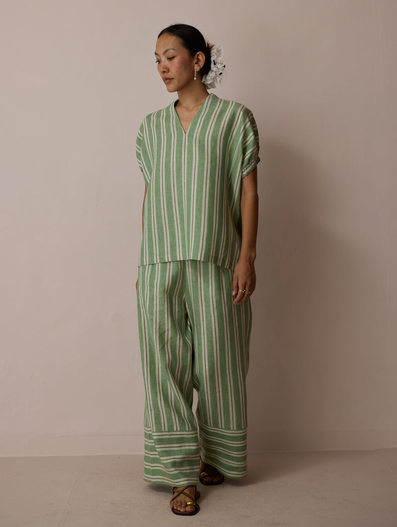 Anne V-Neck Stripe Linen Co-ord-Fern linen co-ord set by Manan in green for women Worldwide