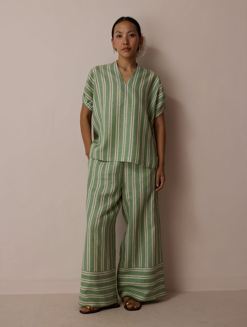 Anne V-Neck Stripe Linen Co-ord-Fern linen co-ord set by Manan in green for women Worldwide