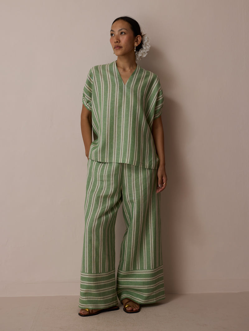 Anne V-Neck Stripe Linen Co-ord-Fern linen co-ord set by Manan in green for women Worldwide