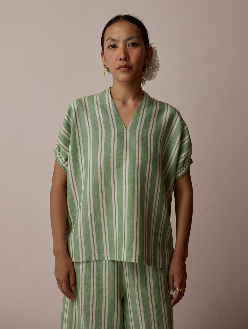 Anne V-Neck Stripe Linen Co-ord-Fern linen co-ord set by Manan in green for women Worldwide