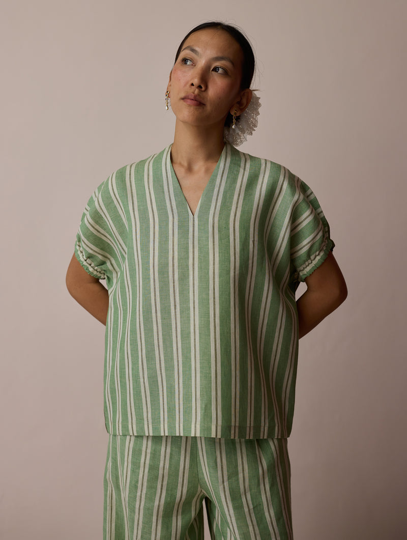 Anne V-Neck Stripe Linen Top-Fern linen top/shirt by Manan in green for women Worldwide