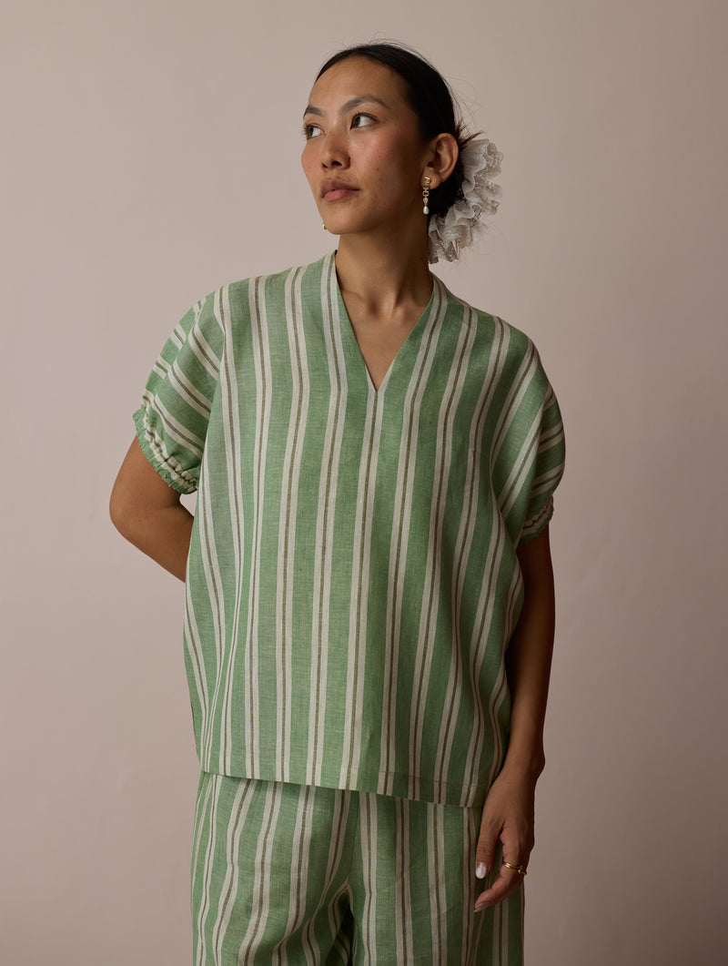 Anne V-Neck Stripe Linen Top-Fern linen top/shirt by Manan in green for women Worldwide