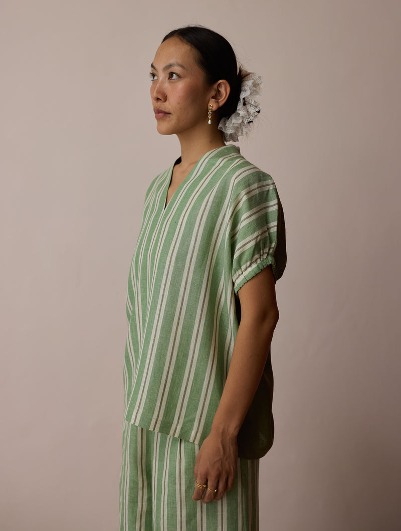Anne V-Neck Stripe Linen Top-Fern linen top/shirt by Manan in green for women Worldwide