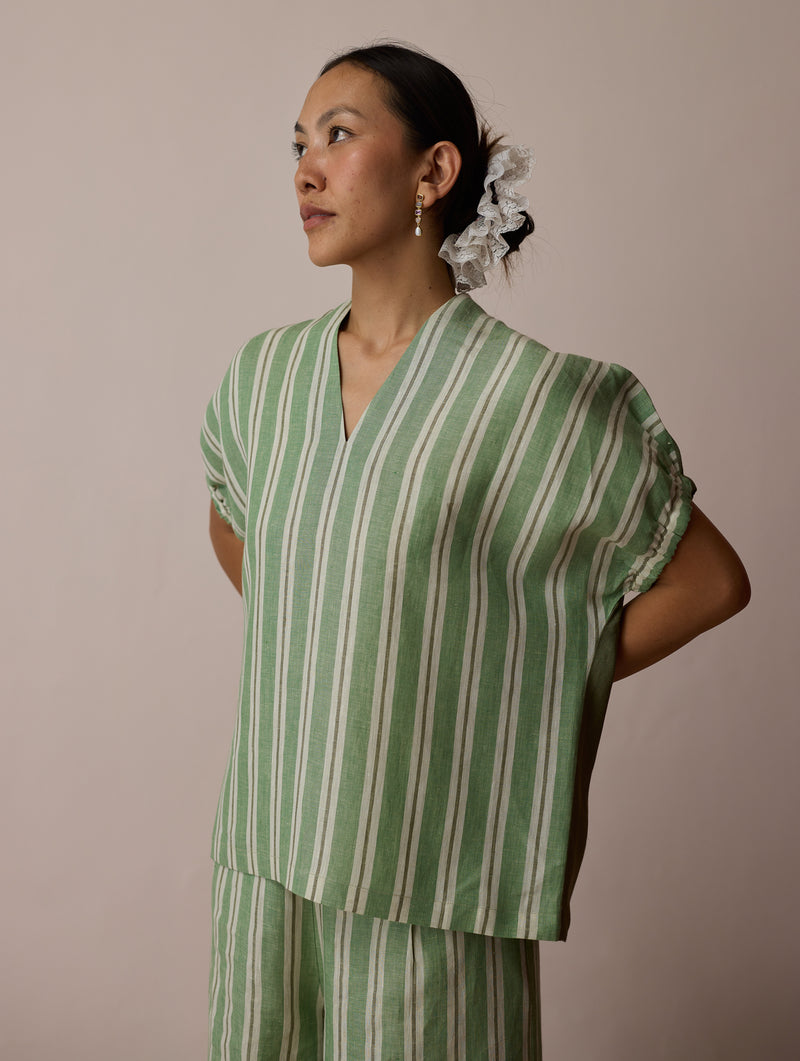 Anne V-Neck Stripe Linen Top-Fern linen top/shirt by Manan in green for women Worldwide