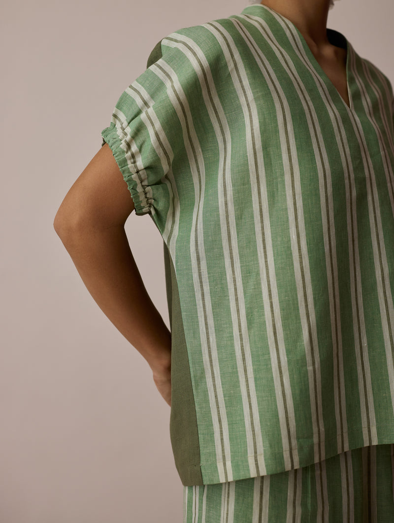 Anne V-Neck Stripe Linen Top-Fern linen top/shirt by Manan in green for women Worldwide