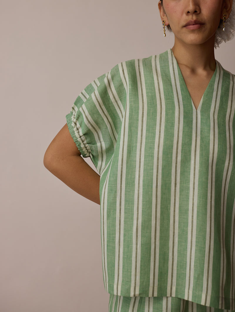 Anne V-Neck Stripe Linen Co-ord-Fern linen co-ord set by Manan in green for women Worldwide