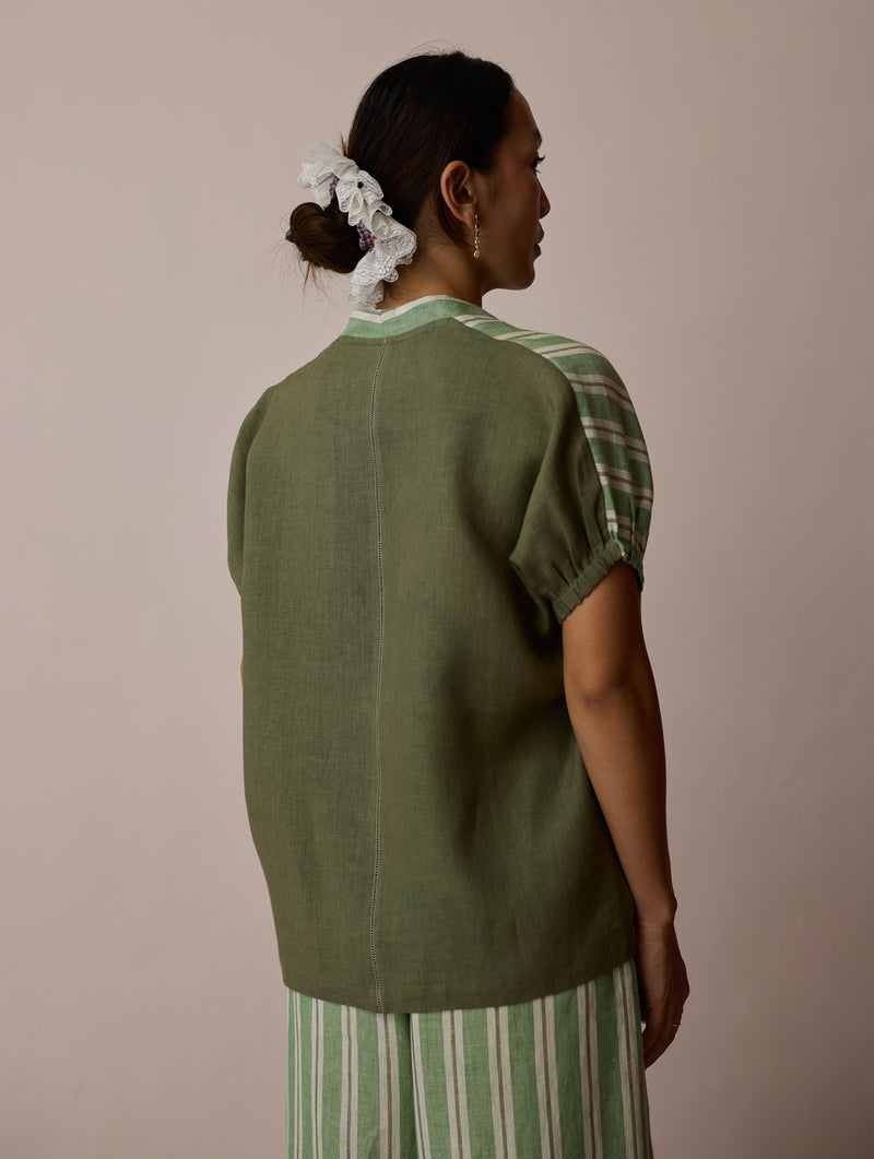 Anne V-Neck Stripe Linen Top-Fern linen top/shirt by Manan in green for women Worldwide