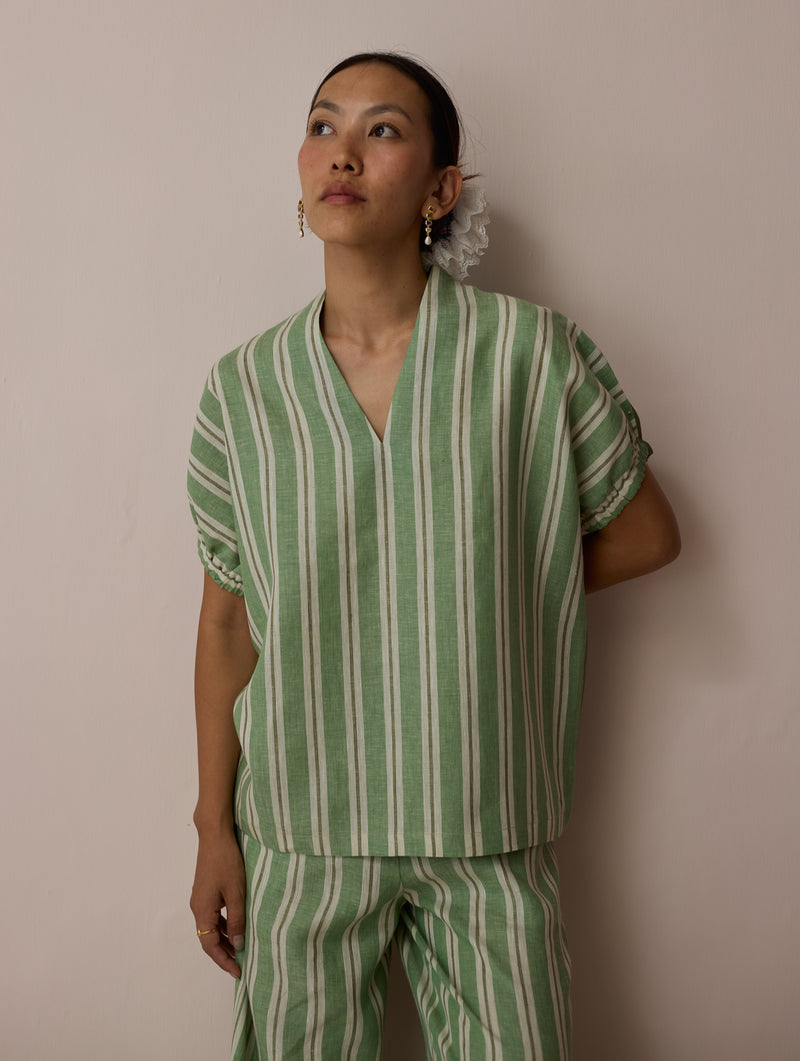 Anne V-Neck Stripe Linen Top-Fern linen top/shirt by Manan in green for women Worldwide