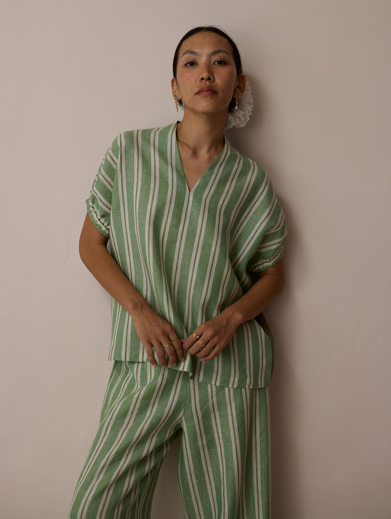Anne V-Neck Stripe Linen Top-Fern linen top/shirt by Manan in green for women Worldwide
