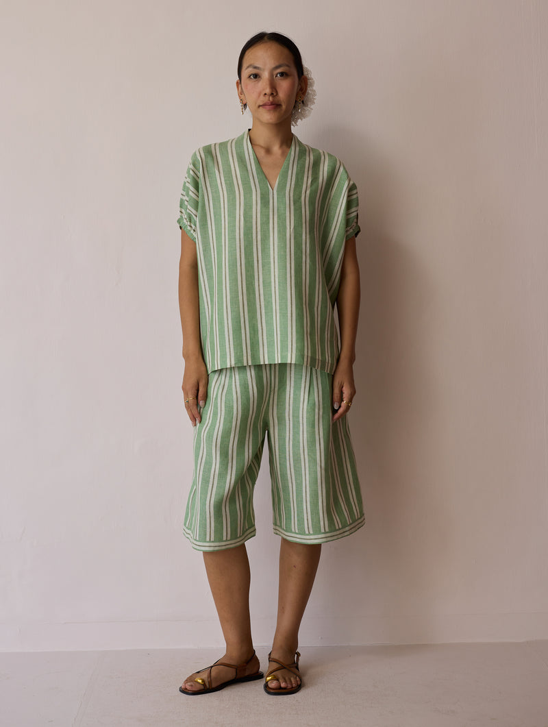 Ena Stripe Linen Jorts-Fern linen short by Manan in green for women Worldwide