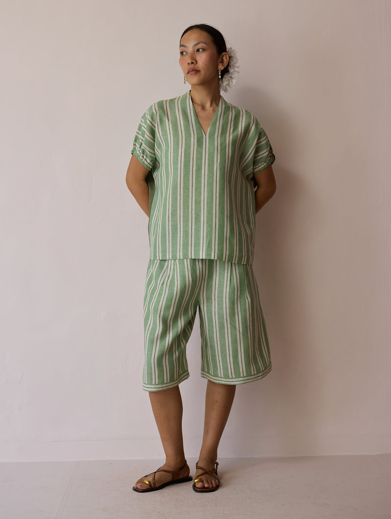 Ena Stripe Linen Jorts-Fern linen short by Manan in green for women Worldwide