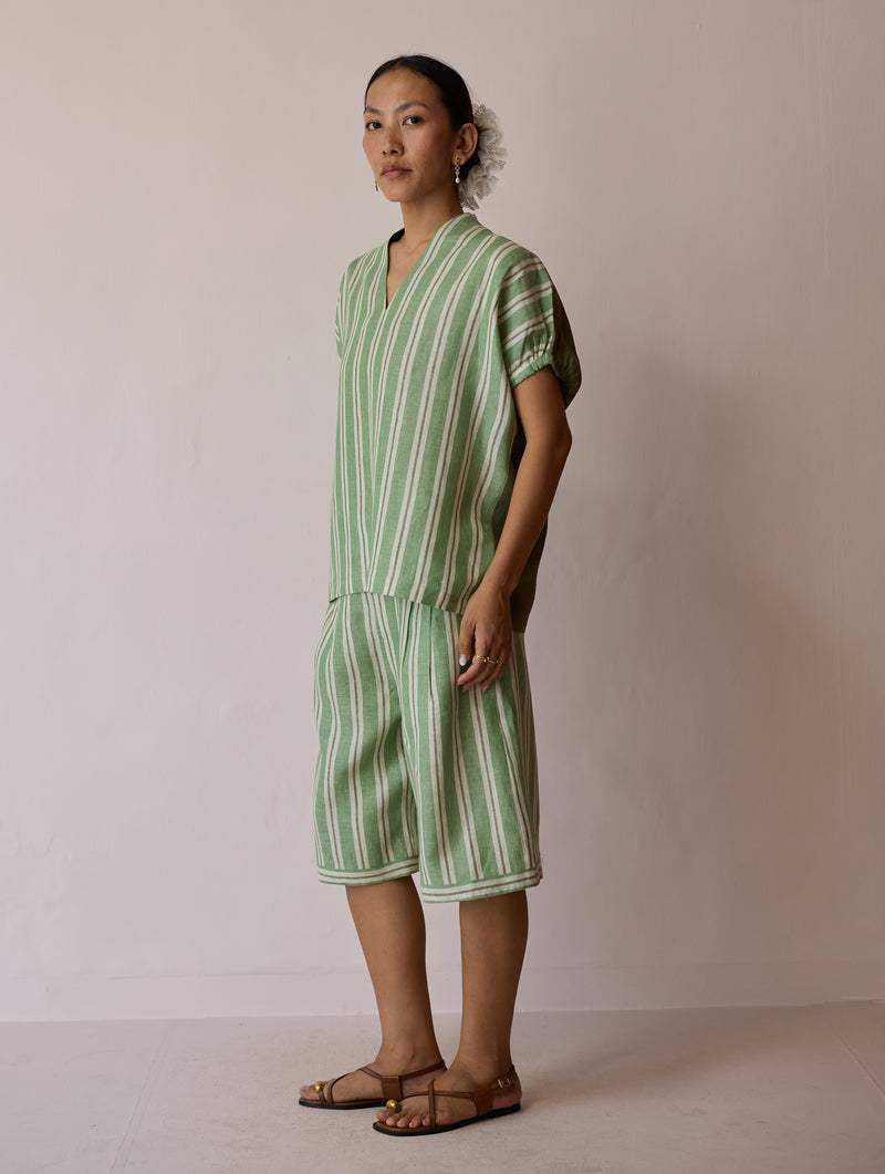 Ena Stripe Linen Jorts-Fern linen short by Manan in green for women Worldwide
