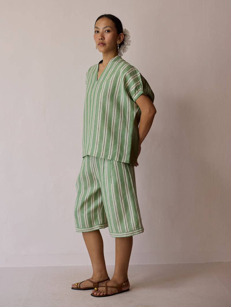 Ena Stripe Linen Jorts-Fern linen short by Manan in green for women Worldwide
