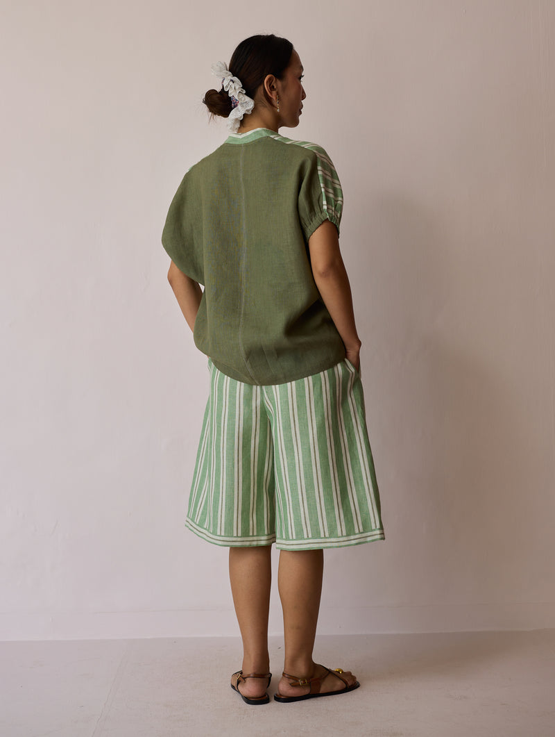 Ena Stripe Linen Jorts-Fern linen short by Manan in green for women Worldwide