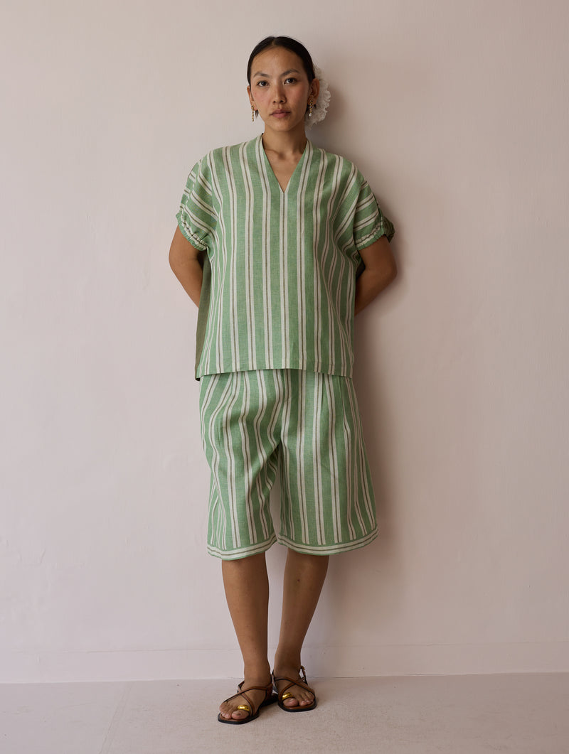 Ena Stripe Linen Jorts-Fern linen short by Manan in green for women Worldwide
