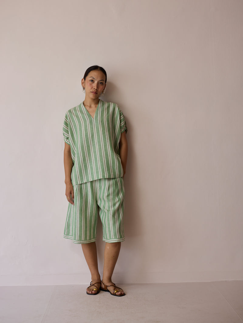 Ena Stripe Linen Jorts-Fern linen short by Manan in green for women Worldwide