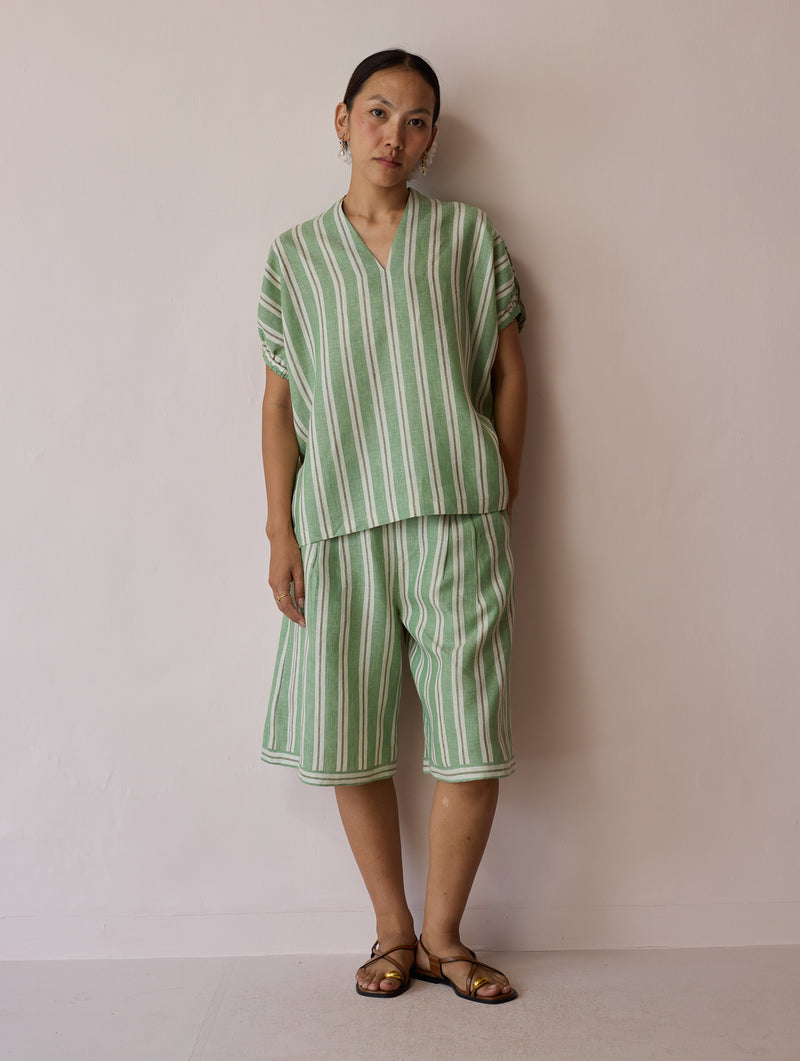 Ena Stripe Linen Jorts-Fern linen short by Manan in green for women Worldwide