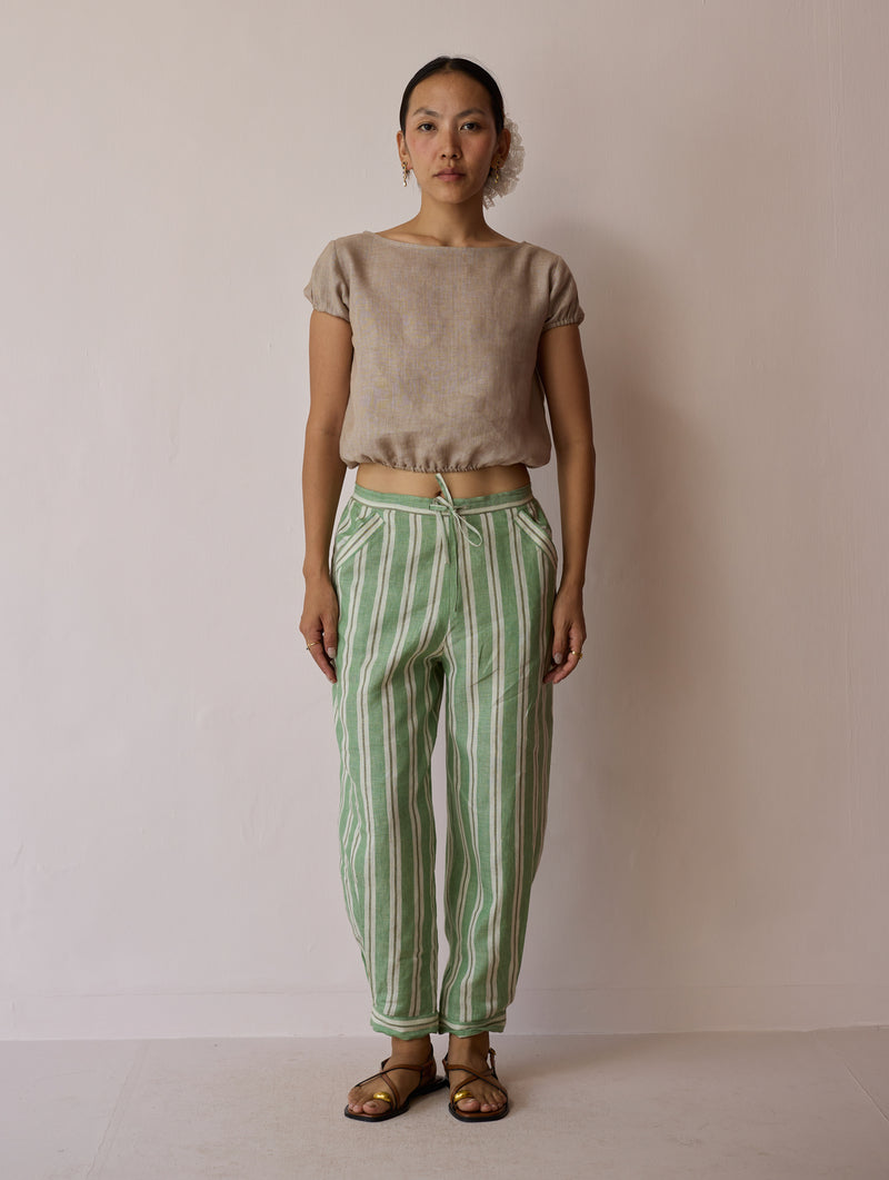 Terra Pleated Hem Stripe Linen Pants-Fern linen pant/trouser by Manan in green for women Worldwide