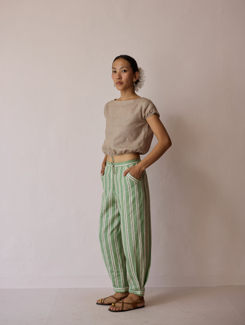 Terra Pleated Hem Stripe Linen Pants-Fern linen pant/trouser by Manan in green for women Worldwide