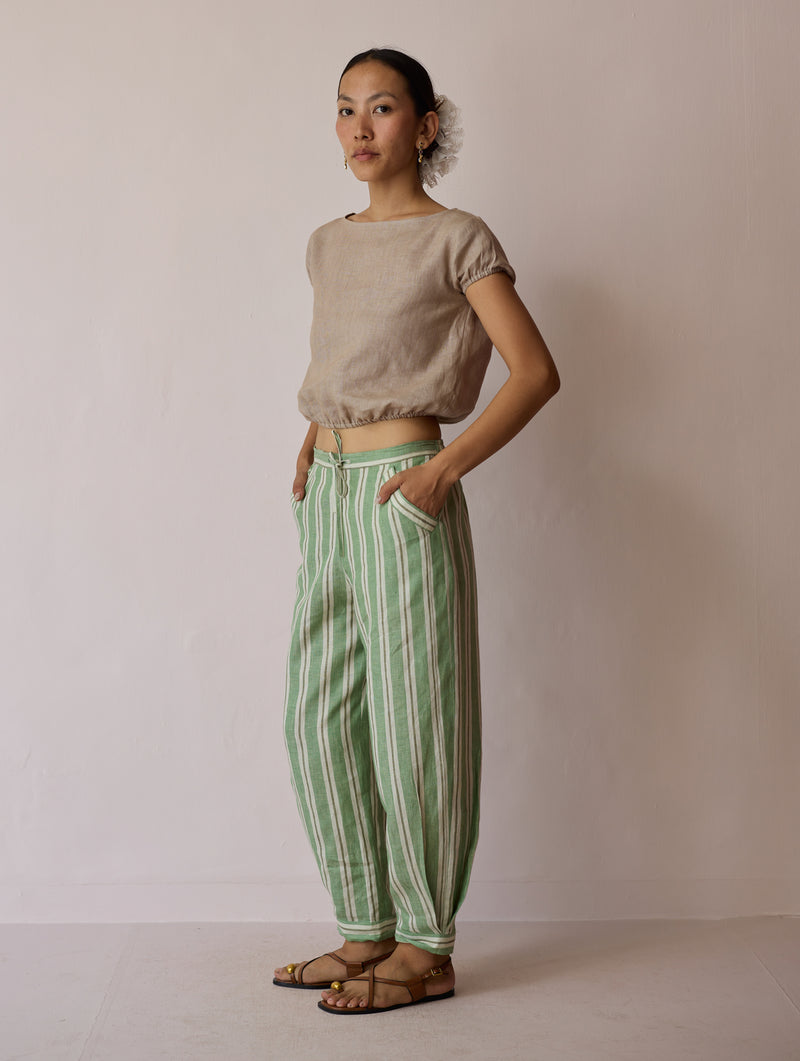 Terra Pleated Hem Stripe Linen Pants-Fern linen pant/trouser by Manan in green for women Worldwide