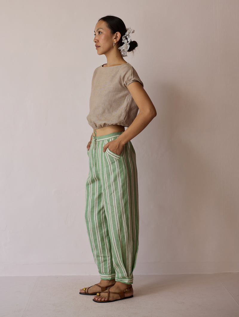 Terra Pleated Hem Stripe Linen Pants-Fern linen pant/trouser by Manan in green for women Worldwide