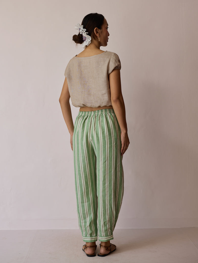 Terra Pleated Hem Stripe Linen Pants-Fern linen pant/trouser by Manan in green for women Worldwide