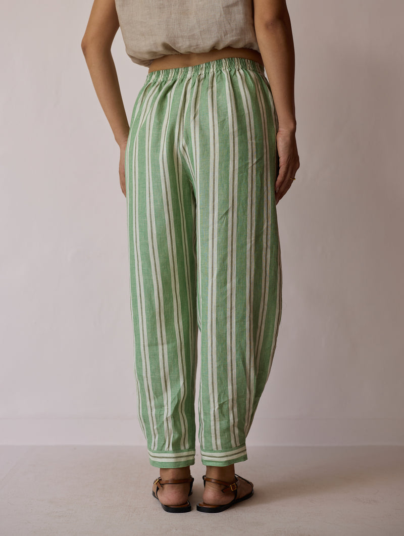 Terra Pleated Hem Stripe Linen Pants-Fern linen pant/trouser by Manan in green for women Worldwide
