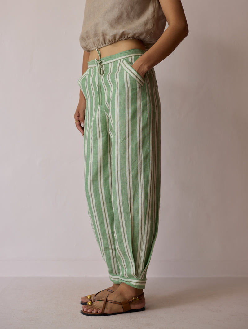 Terra Pleated Hem Stripe Linen Pants-Fern linen pant/trouser by Manan in green for women Worldwide