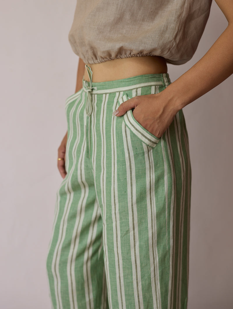 Terra Pleated Hem Stripe Linen Pants-Fern linen pant/trouser by Manan in green for women Worldwide