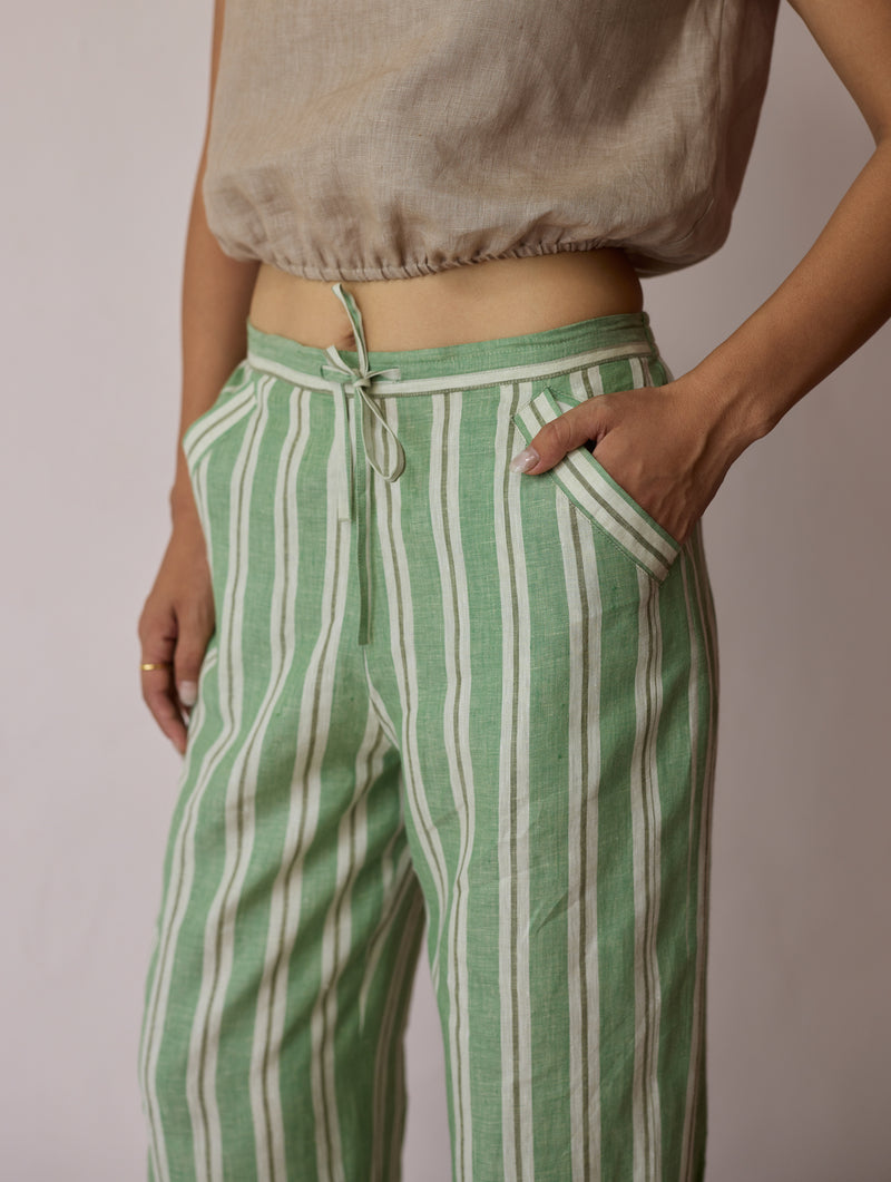 Terra Pleated Hem Stripe Linen Pants-Fern linen pant/trouser by Manan in green for women Worldwide