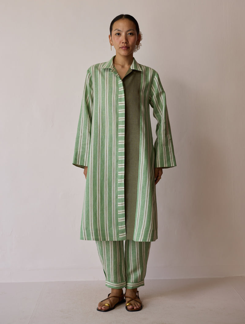 Joana Patchwork Stripe Linen Kurta Sets-Fern linen light kurta set by Manan in green for women Worldwide