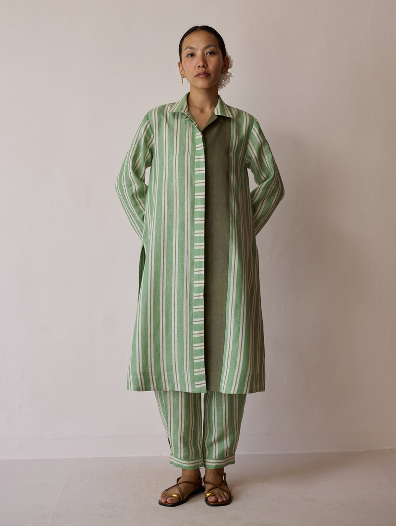 Joana Patchwork Stripe Linen Shirt Kurta-Fern linen tunics/kaftan by Manan in green for women Worldwide