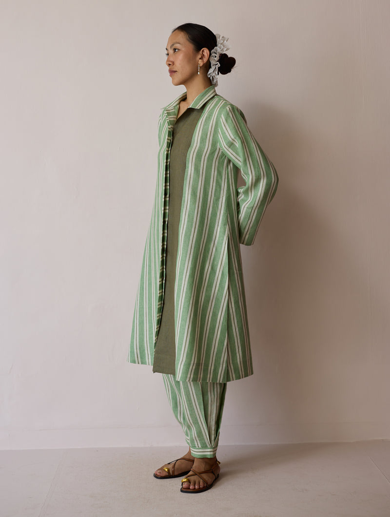 Joana Patchwork Stripe Linen Shirt Kurta-Fern linen tunics/kaftan by Manan in green for women Worldwide