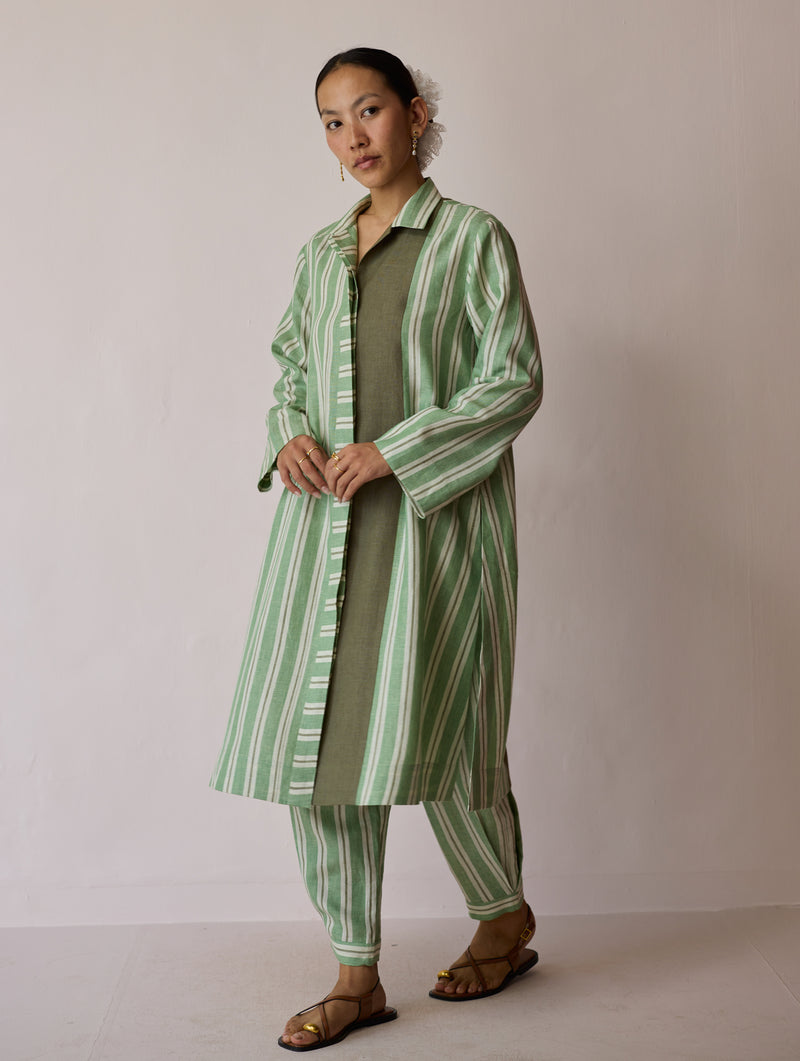 Joana Patchwork Stripe Linen Kurta Sets-Fern linen light kurta set by Manan in green for women Worldwide