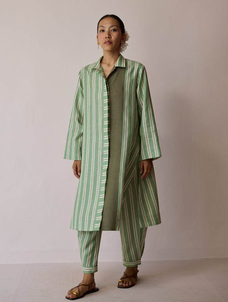 Joana Patchwork Stripe Linen Kurta Sets-Fern linen light kurta set by Manan in green for women Worldwide