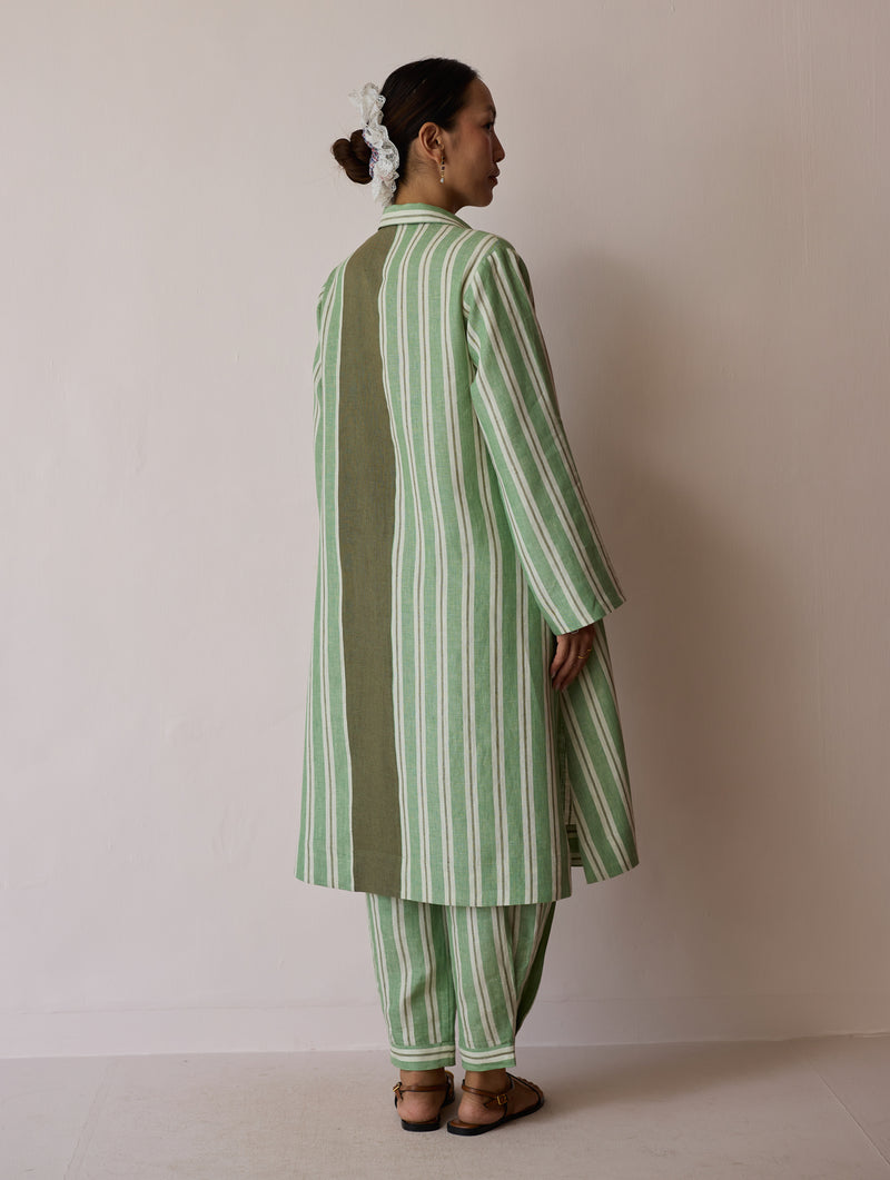 Joana Patchwork Stripe Linen Shirt Kurta-Fern linen tunics/kaftan by Manan in green for women Worldwide