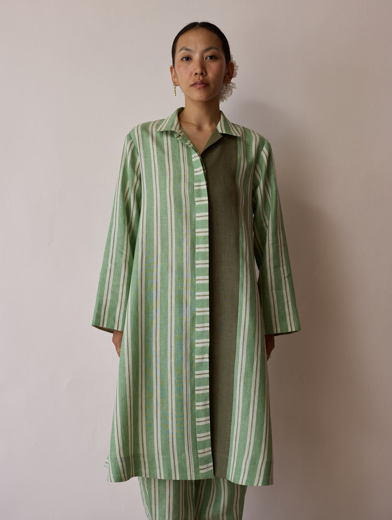 Joana Patchwork Stripe Linen Shirt Kurta-Fern linen tunics/kaftan by Manan in green for women Worldwide