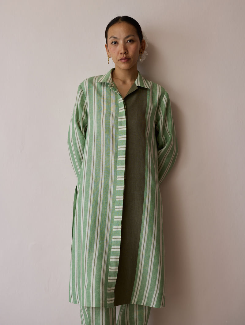 Joana Patchwork Stripe Linen Kurta Sets-Fern linen light kurta set by Manan in green for women Worldwide