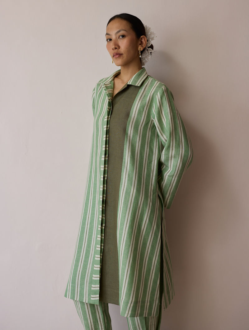 Joana Patchwork Stripe Linen Shirt Kurta-Fern linen tunics/kaftan by Manan in green for women Worldwide