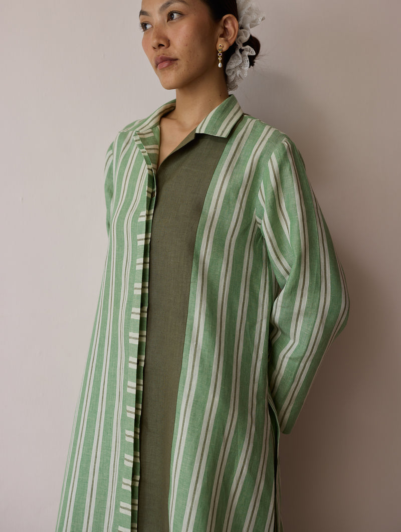 Joana Patchwork Stripe Linen Shirt Kurta-Fern linen tunics/kaftan by Manan in green for women Worldwide