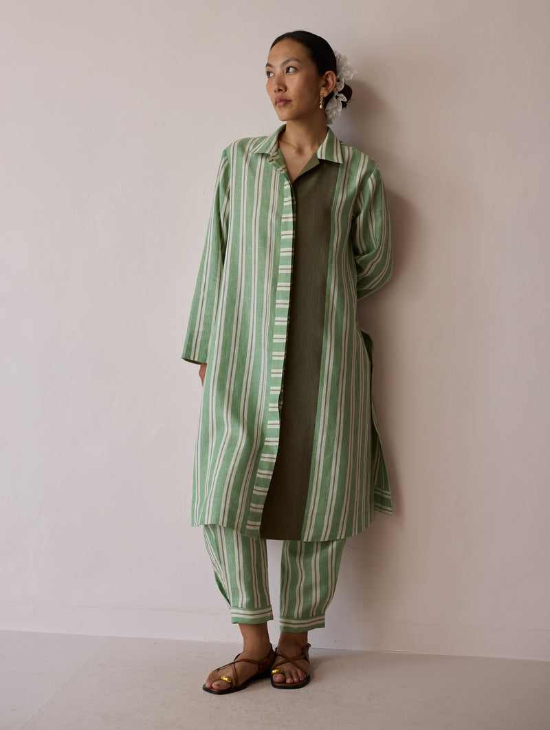 Joana Patchwork Stripe Linen Kurta Sets-Fern linen light kurta set by Manan in green for women Worldwide