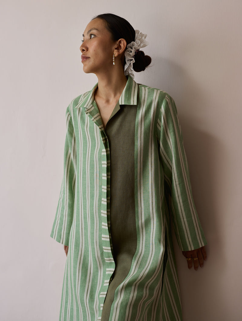 Joana Patchwork Stripe Linen Kurta Sets-Fern linen light kurta set by Manan in green for women Worldwide
