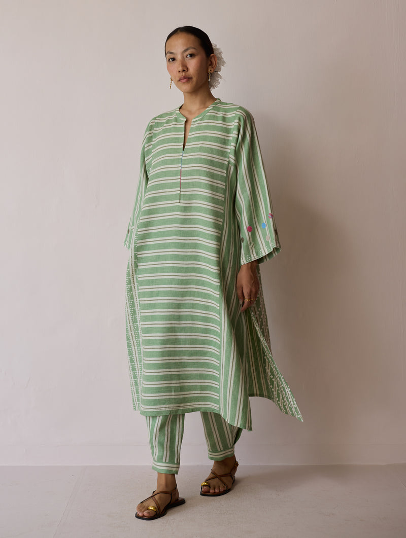 Parvee Block-Printed Linen Kurta Set-Fern linen light kurta set by Manan in ivory for women Worldwide