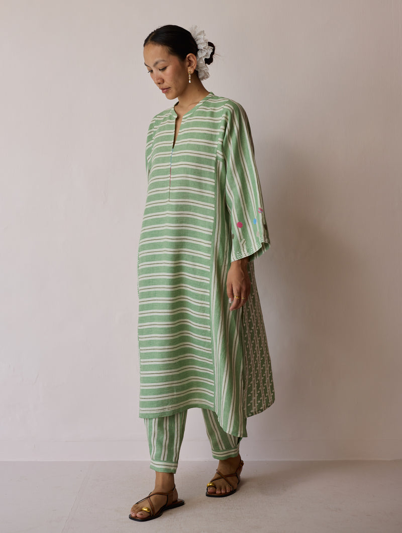 Parvee Block-Printed Linen Kurta Set-Fern linen light kurta set by Manan in ivory for women Worldwide