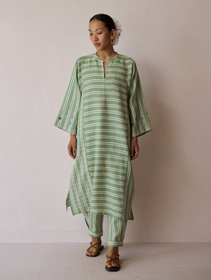 Parvee Block-Printed Linen Kurta Set-Fern linen light kurta set by Manan in ivory for women Worldwide